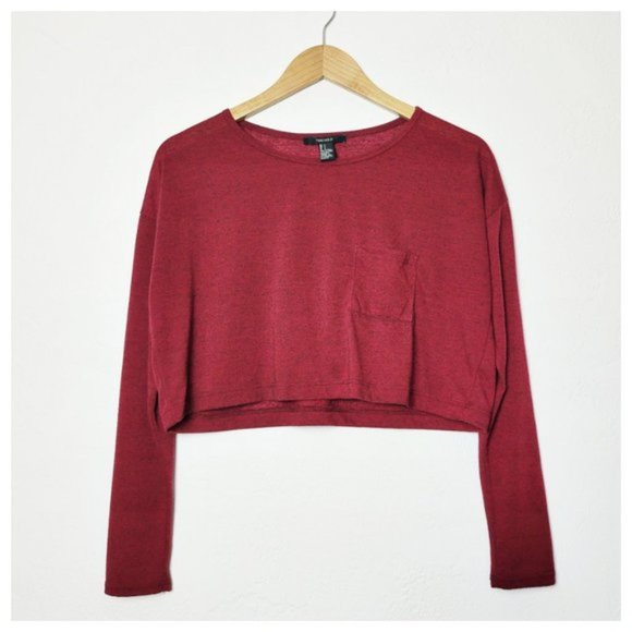 Forever 21 Heathered Maroon Long Sleeve Boxy Cropped T Shirt w Breast Pocket - Picture 13 of 15